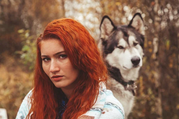 Redhaired kaukaski kobieta właściciel z jej Malamute szary duży pies — Zdjęcie stockowe