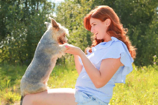Veselá, krásná mladá žena, která sedí a objímá psa na přírodě — Stock fotografie