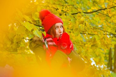 genç güzel artı büyük beyaz kadın pompom ve örme eldiven ile kırmızı şapkalı sonbahar parkta yürüyor