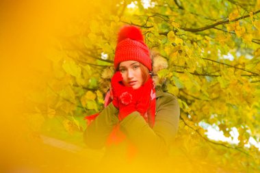 genç güzel artı büyük beyaz kadın pompom ve örme eldiven ile kırmızı şapkalı sonbahar parkta yürüyor