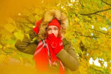 genç güzel artı büyük beyaz kadın pompom ve örme eldiven ile kırmızı şapkalı sonbahar parkta yürüyor