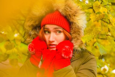 genç güzel artı büyük beyaz kadın pompom ve örme eldiven ile kırmızı şapkalı sonbahar parkta yürüyor