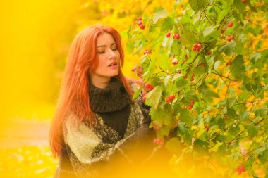 ekose yün poncho genç güzel artı boyutu kafkas kadın sonbahar parkta yürüyor