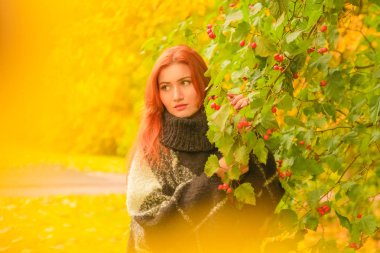 ekose yün poncho genç güzel artı boyutu kafkas kadın sonbahar parkta yürüyor