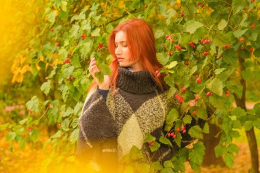 ekose yün poncho genç güzel artı boyutu kafkas kadın sonbahar parkta yürüyor