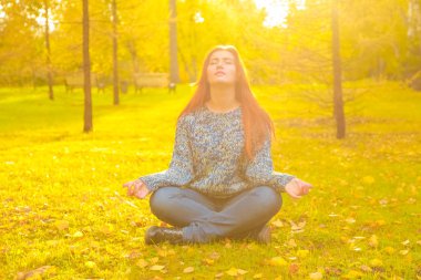 genç güzel artı boyutu kafkas kadın sonbahar parkta meditasyon