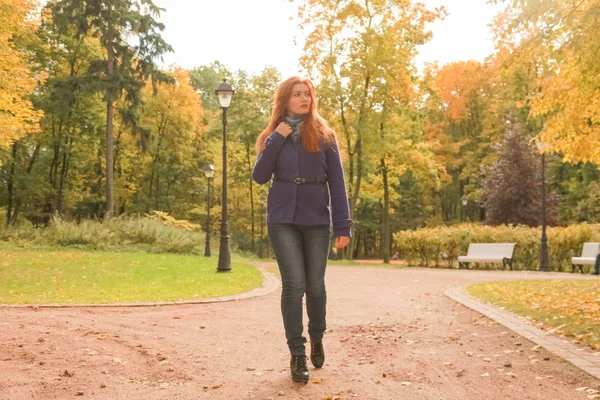 kırmızı saçlı mor ceket giyen genç güzel beyaz kadın ve sonbahar parkı yürüyor