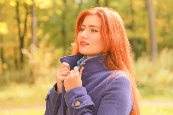 보라색 재킷을 입고 빨간 머리를 가진 젊은 예쁜 백인 여성과 가을 공원에서 산책 — 스톡 사진