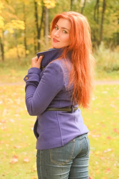kırmızı saçlı mor ceket giyen genç güzel beyaz kadın ve sonbahar parkı yürüyor