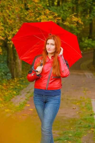 Jonge mooie plus size Kaukasische vrouw wandelingen met rode paraplu in herfst Park — Stockfoto