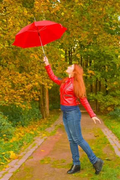 Junge hübsche Plus-Size-Kaukasierin spaziert mit rotem Regenschirm durch Herbstpark — Stockfoto