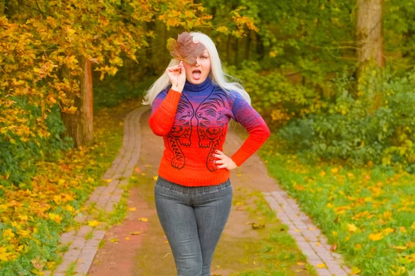 turuncu moda kazak genç güzel artı boyutu beyaz kadın sonbahar parkta yürüyor