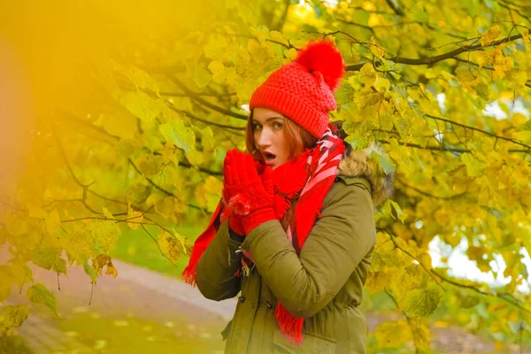 Jonge mooie plus size Kaukasische vrouw in rode hoed met pompom en gebreide handschoenen wandelingen in herfst Park — Stockfoto