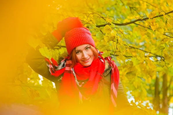 genç güzel artı büyük beyaz kadın pompom ve örme eldiven ile kırmızı şapkalı sonbahar parkta yürüyor