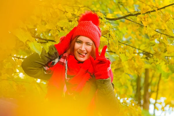 genç güzel artı büyük beyaz kadın pompom ve örme eldiven ile kırmızı şapkalı sonbahar parkta yürüyor