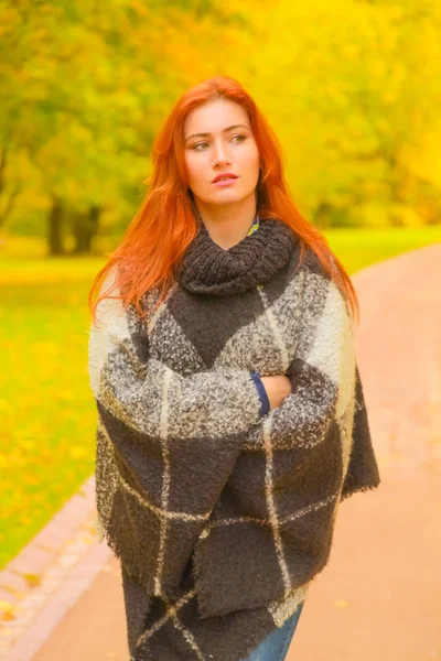 Fiatal szép molett kaukázusi nő kockás gyapjú poncsó sétál ősszel Park — Stock Fotó