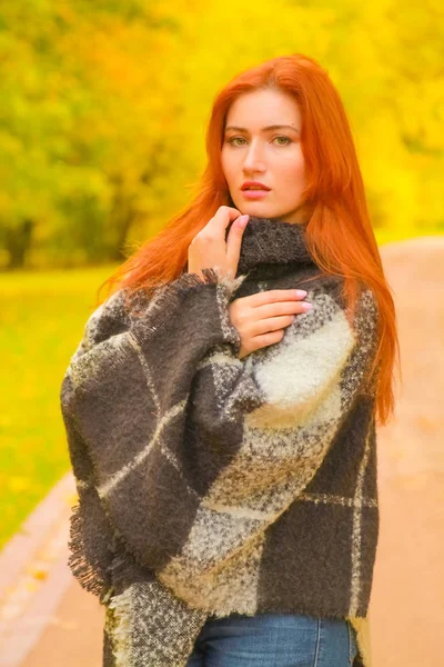 秋の公園で歩く格子柄のウールポンチョの若いかわいいプラスサイズの白人女性 — ストック写真