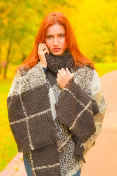 Young pretty plus size caucasian woman in plaid wool poncho walks in autumn park — Stock Photo, Image