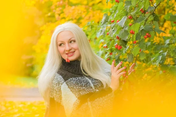 Junge hübsche plus size kaukasische Frau karierte Wolle Poncho Spaziergänge im Herbst Park — Stockfoto