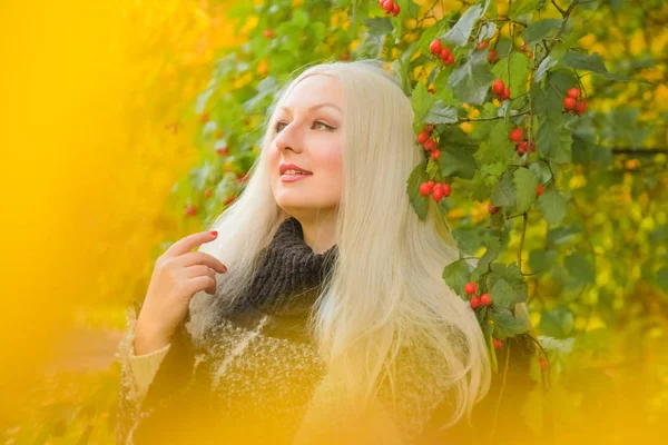 Muda cantik ditambah ukuran perempuan kaukasia plaid wol poncho berjalan di taman musim gugur — Stok Foto
