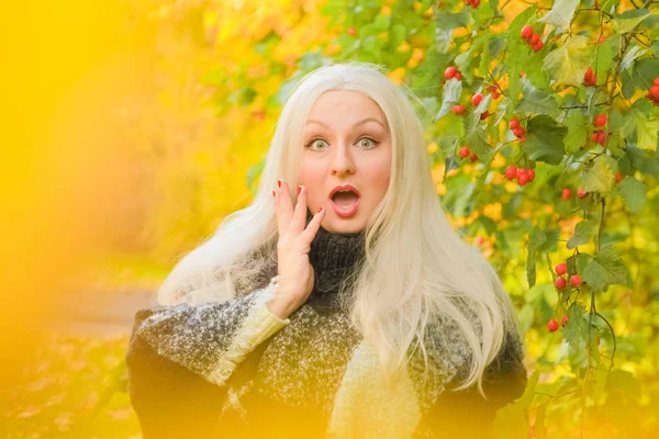 Junge hübsche plus size kaukasische Frau karierte Wolle Poncho Spaziergänge im Herbst Park — Stockfoto