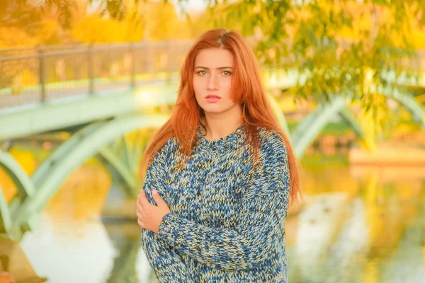 Jeune jolie plus taille femme caucasienne aux cheveux roux marche dans le parc d'automne — Photo