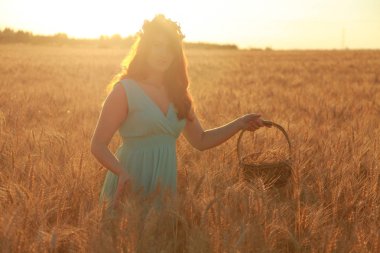 gün batımında altın olgun buğday alanında yürüyen elbiseli kız