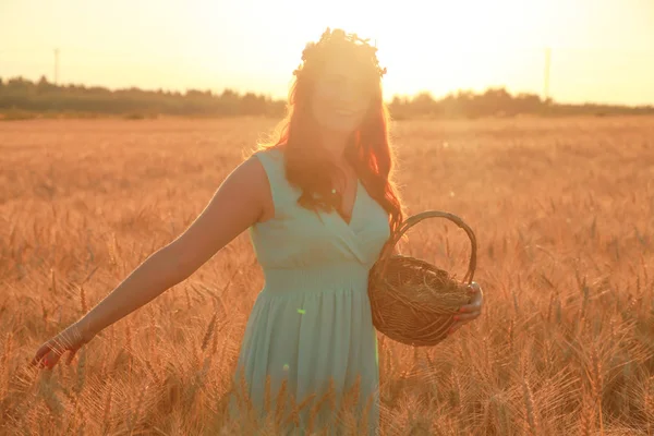 girl in dress walking in golden ripe wheat field at sunset