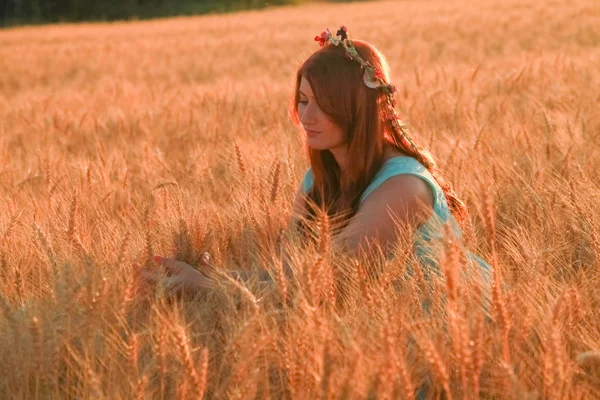 Fille en robe marche dans le champ de blé mûr doré au coucher du soleil — Photo