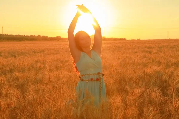 Fille en robe marche dans le champ de blé mûr doré au coucher du soleil — Photo