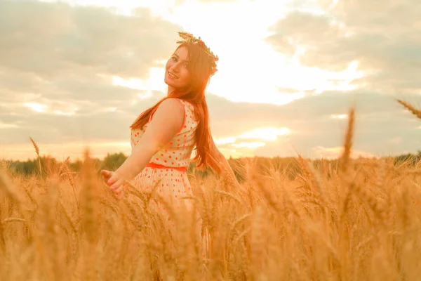 Fille en robe marche dans le champ de blé mûr doré au coucher du soleil — Photo