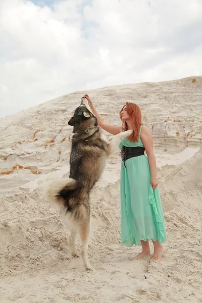 Komik en iyi arkadaş kavramı. Mutlu genç kadın kişi açık havada büyük köpek malamute ile çölde yürüyor