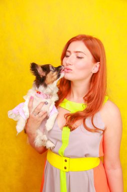 Sevimli güzel genç bayan şık parlak yaz elbise giyen ve beyaz stüdyo arka plan üzerinde sevimli küçük köpek Papillon sarılma sırasında gülümseyen