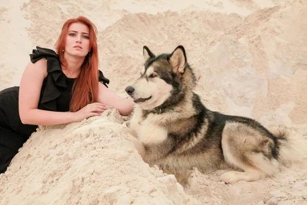 Komik en iyi arkadaş kavramı. Mutlu genç kadın kişi açık havada büyük köpek malamute ile çölde yürüyor