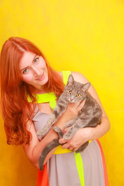 Hezká mladá rusovlasá dívka v dlouhých pestrobarevné letní šatech se svou roztomilá kamarádkou šedou kočkou na žlutém, jasným studiovém pozadí — Stock fotografie