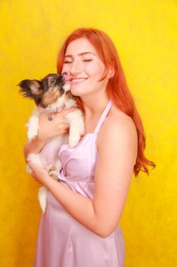 Sarı arka planda köpek yavrusu kucaklayan rahat kızıl saçlı kız. Beyaz çekici kadın köpek ile ürpertici Stüdyo portresi.