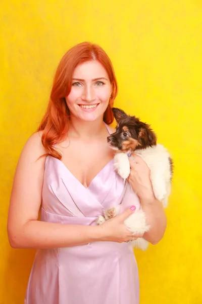 Fille rousse détendue embrassant chiot sur fond jaune. Portrait studio d'une femme blanche séduisante qui se refroidit avec un chien . — Photo