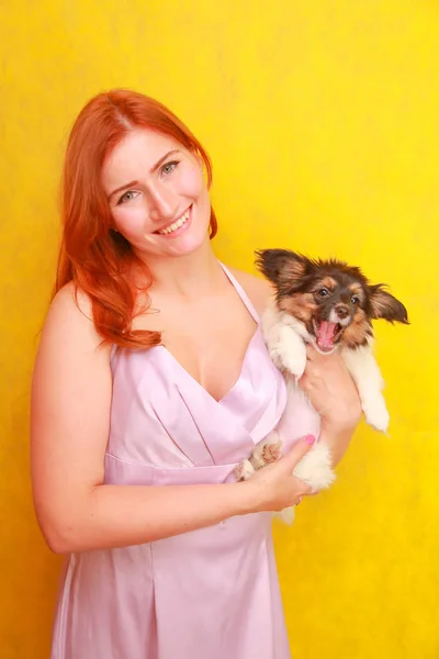 Fille rousse détendue embrassant chiot sur fond jaune. Portrait studio d'une femme blanche séduisante qui se refroidit avec un chien . — Photo