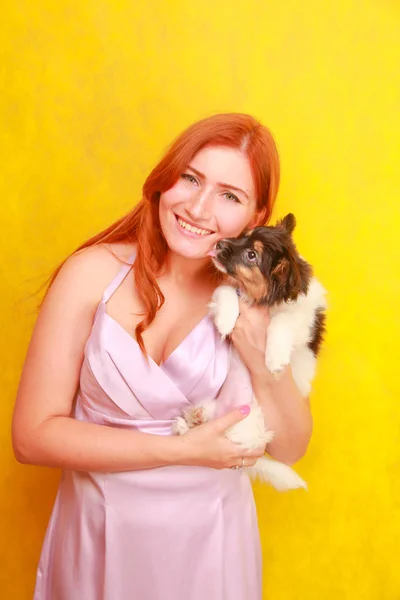 Fille rousse détendue embrassant chiot sur fond jaune. Portrait studio d'une femme blanche séduisante qui se refroidit avec un chien . — Photo