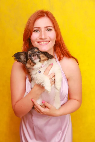 Rilassato ragazza dai capelli rossi abbracciando cucciolo su sfondo giallo. Studio ritratto di donna attraente bianco agghiacciante con cane . — Foto Stock