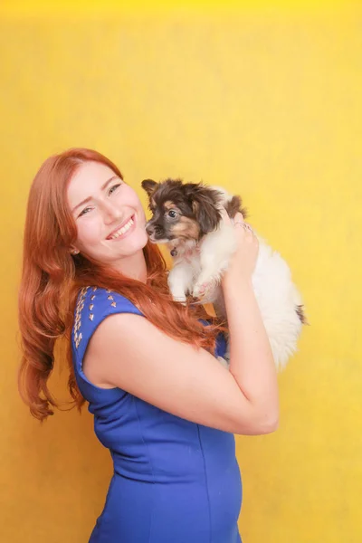 Rilassato ragazza dai capelli rossi abbracciando cucciolo su sfondo giallo. Studio ritratto di donna attraente bianco agghiacciante con cane . — Foto Stock