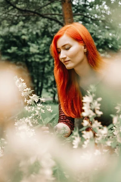 kiraz rengi gece elbisesi kırmızı saçlı kadın şehir parkı arka planda yürüyüş ve yaz keyfini çıkarın