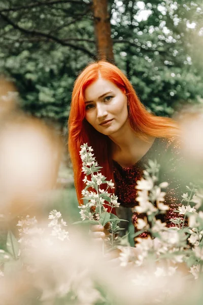 kiraz rengi gece elbisesi kırmızı saçlı kadın şehir parkı arka planda yürüyüş ve yaz keyfini çıkarın