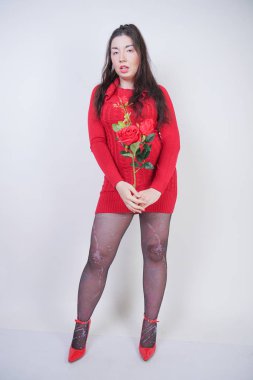 güzel mix gül ile beyaz stüdyo arka plan üzerinde zarif midi elbise artı boyutu kız yarıştı