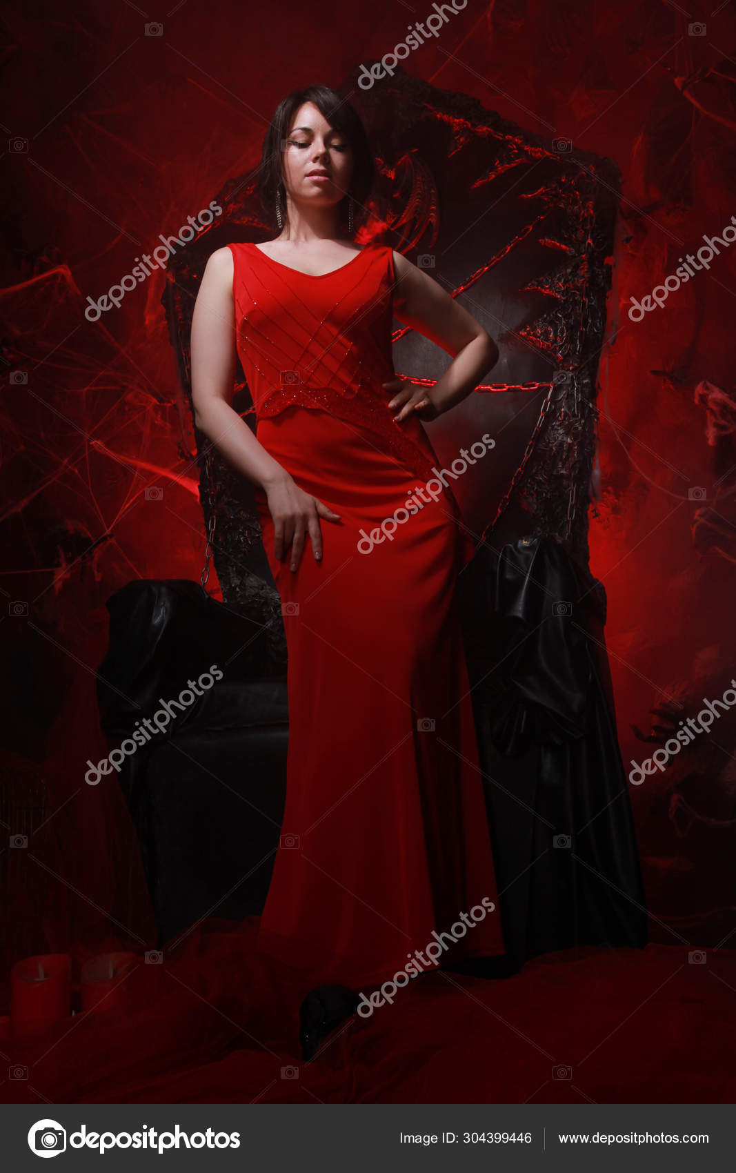 Beautiful Lonely Girl In Long Red Dress On The Halloween Throne Ready For Scary Party Stock Photo C Agnadevi 304399446