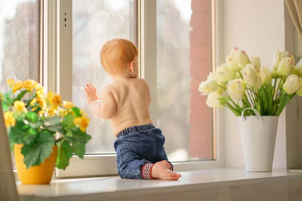 Ένα μικρό αγόρι που φαίνεται στο παράθυρο. — Φωτογραφία Αρχείου