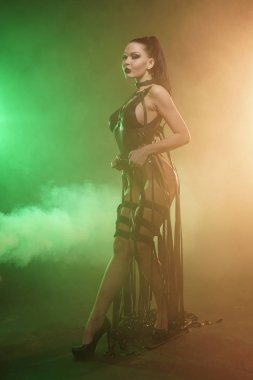 Genç seksi kadın dansçı duman poz