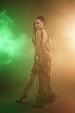 Genç seksi kadın dansçı duman poz