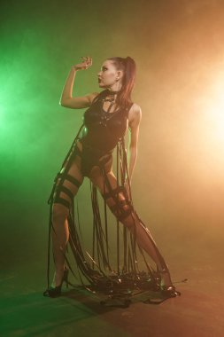 Genç seksi kadın dansçı duman poz