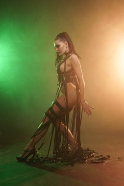 Genç seksi kadın dansçı duman poz